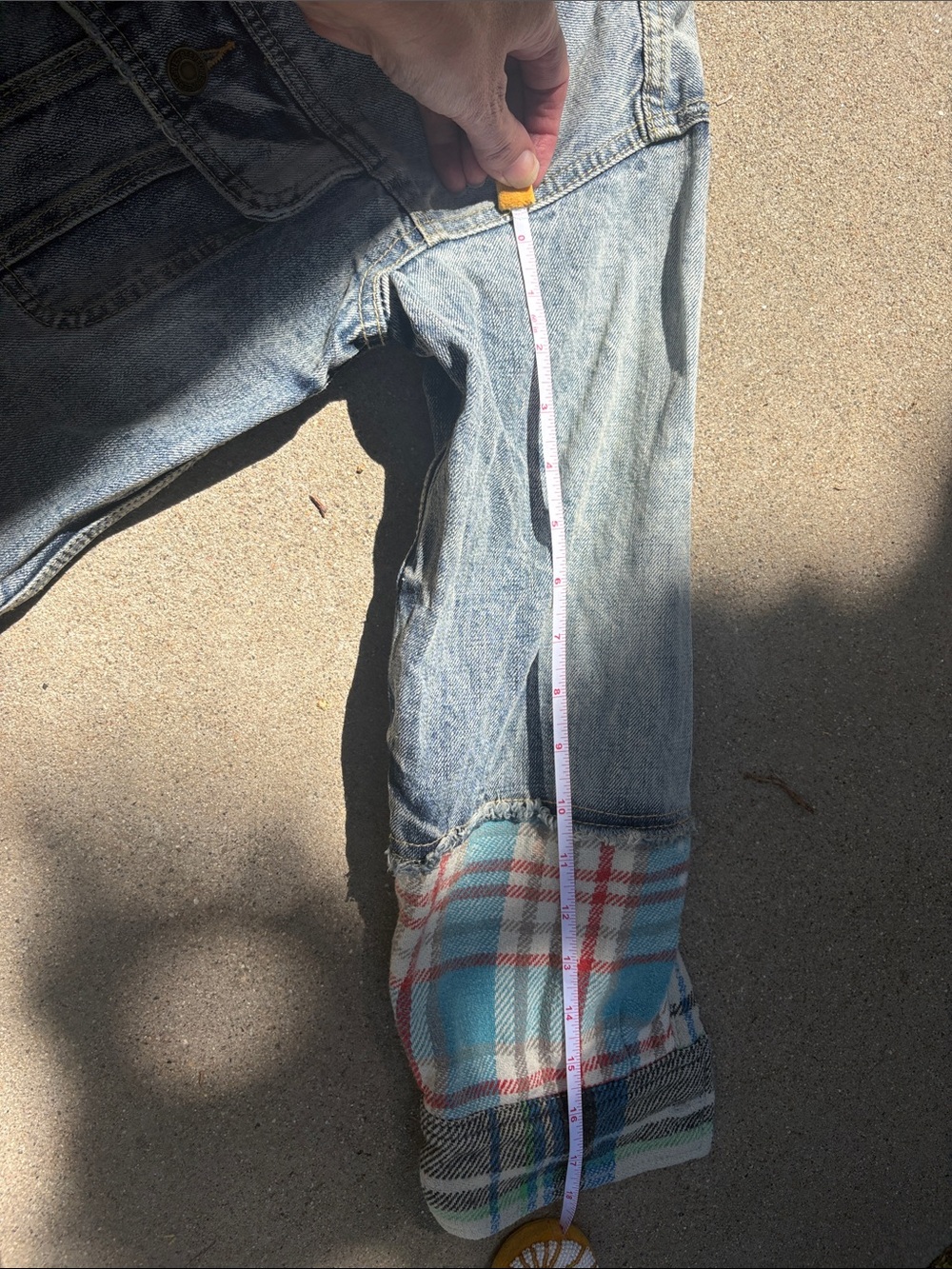 Free People Blue Denim Jacket with Tan Collar and Multicolor Plaid Hem - Picture 8 of 9